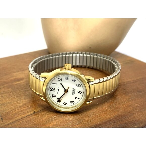 Timex Womens Watch T2H381 Indiglo Quartz Petite 2-Tone White Dial Expansion Band